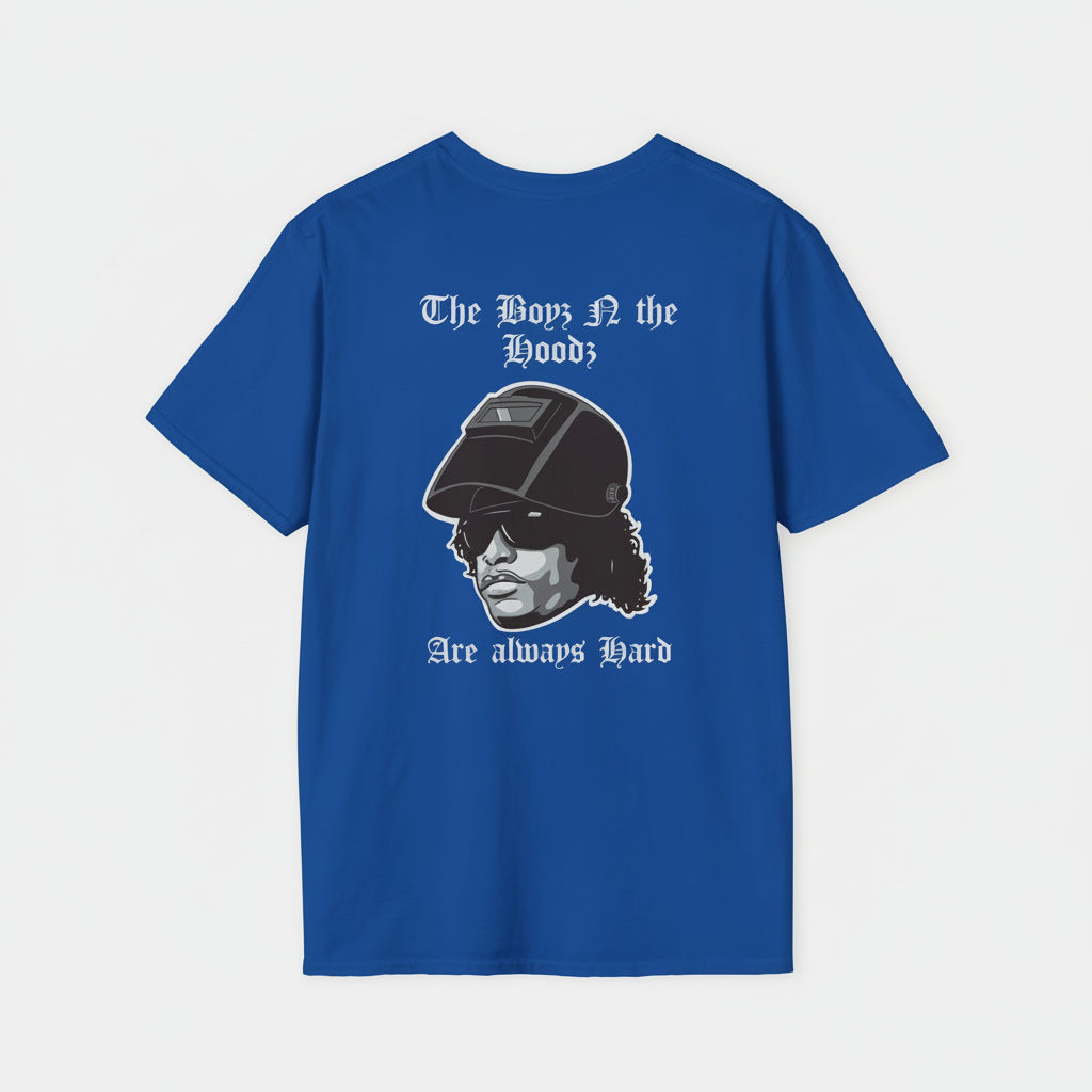 Blue t-shirt with graphic design and text on a white background