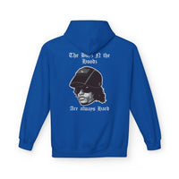 Blue hoodie with graphic design and text on the back against a white background