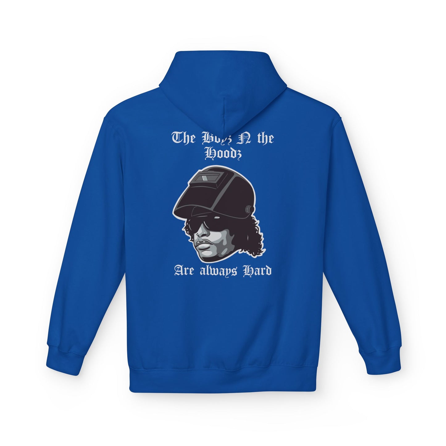 Blue hoodie with graphic design and text on the back against a white background