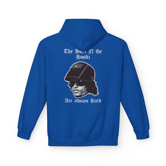 Blue hoodie with graphic design and text on the back against a white background