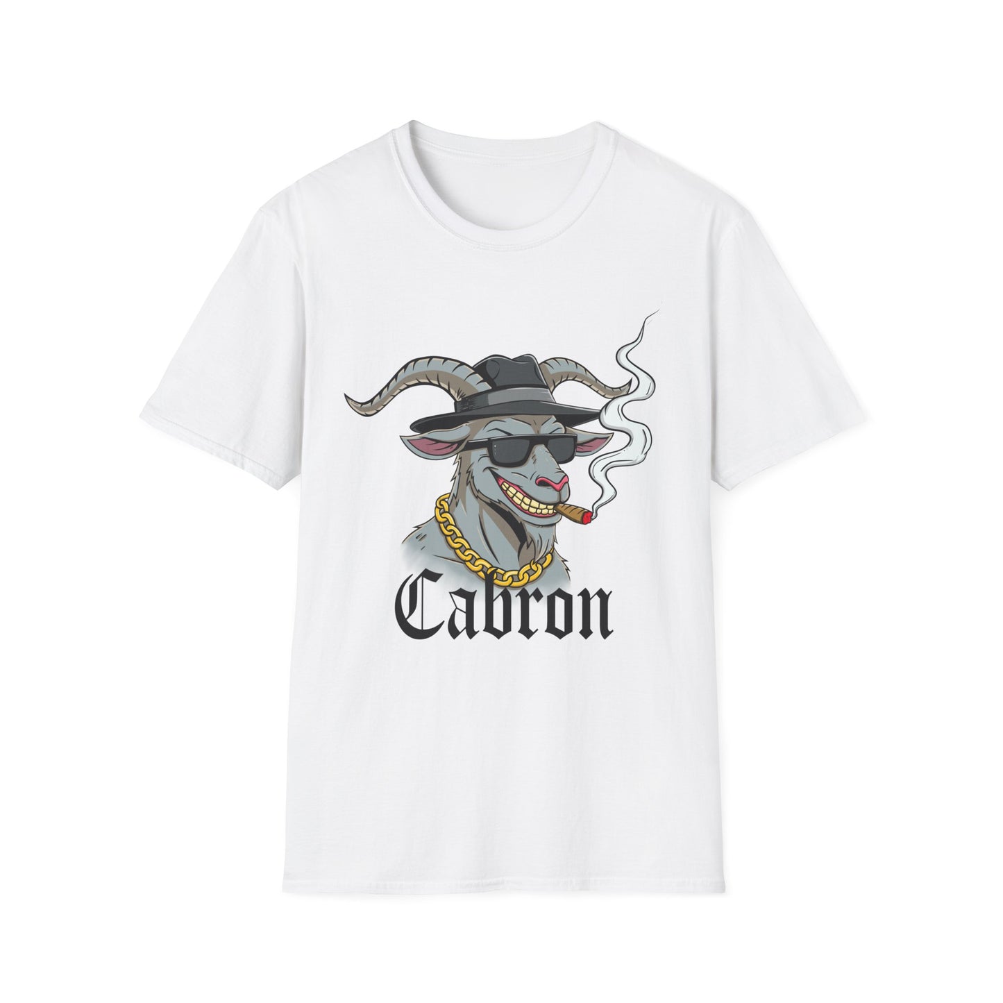 White t-shirt with a graphic of a goat wearing sunglasses and a hat, with 'Cabron' text, on a white background.