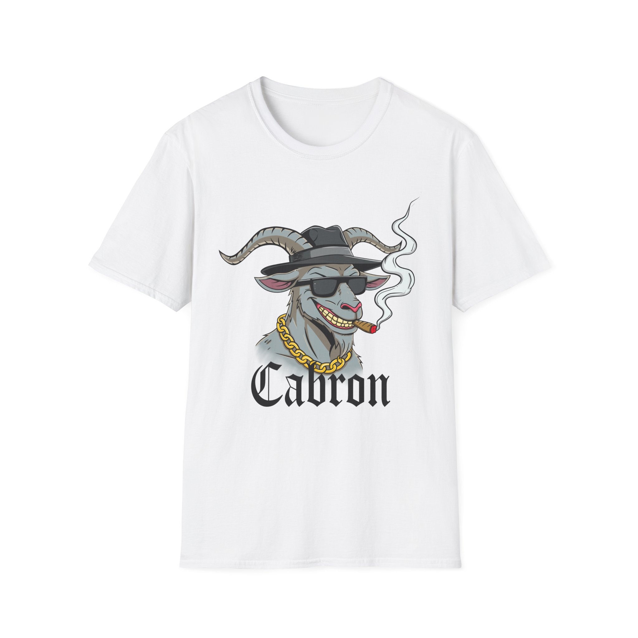 White t-shirt with a graphic of a goat wearing sunglasses and a hat, with 'Cabron' text, on a white background.