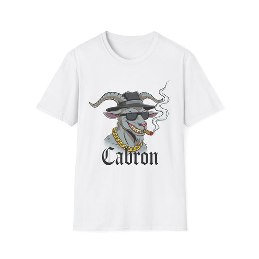 White t-shirt with a graphic of a goat wearing sunglasses and a hat, with 'Cabron' text, on a white background.