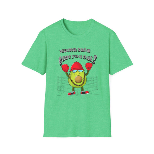 Green t-shirt with a cartoon avocado and text on a white background