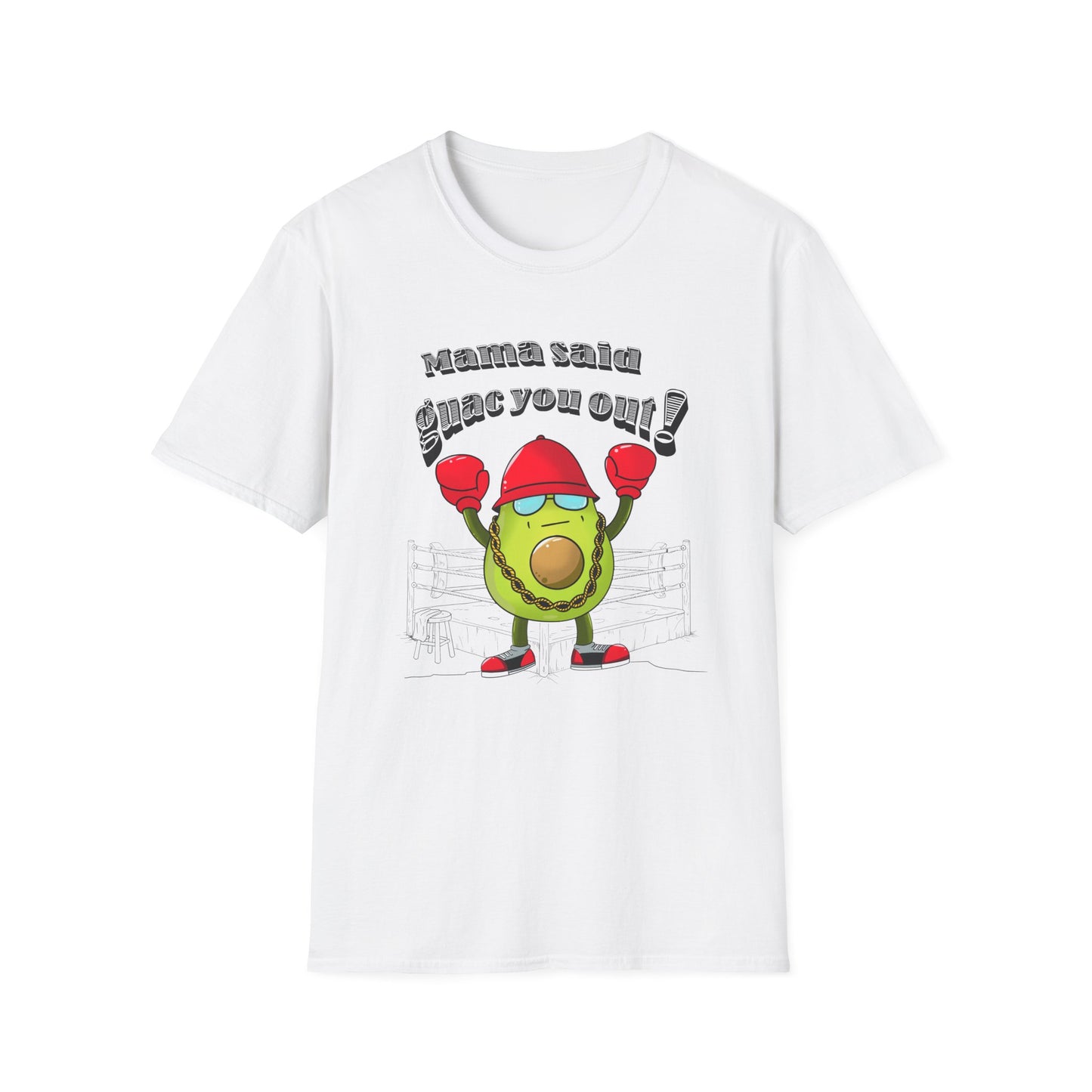 White t-shirt with a cartoon avocado and text on a white background