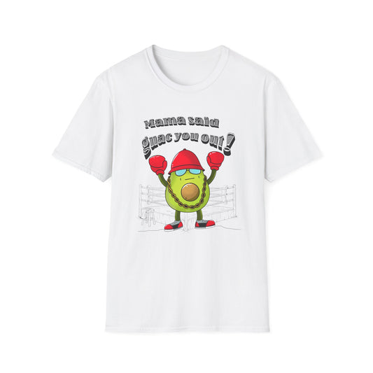 White t-shirt with a cartoon avocado and text on a white background
