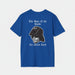 Blue t-shirt with graphic design and text on a white background