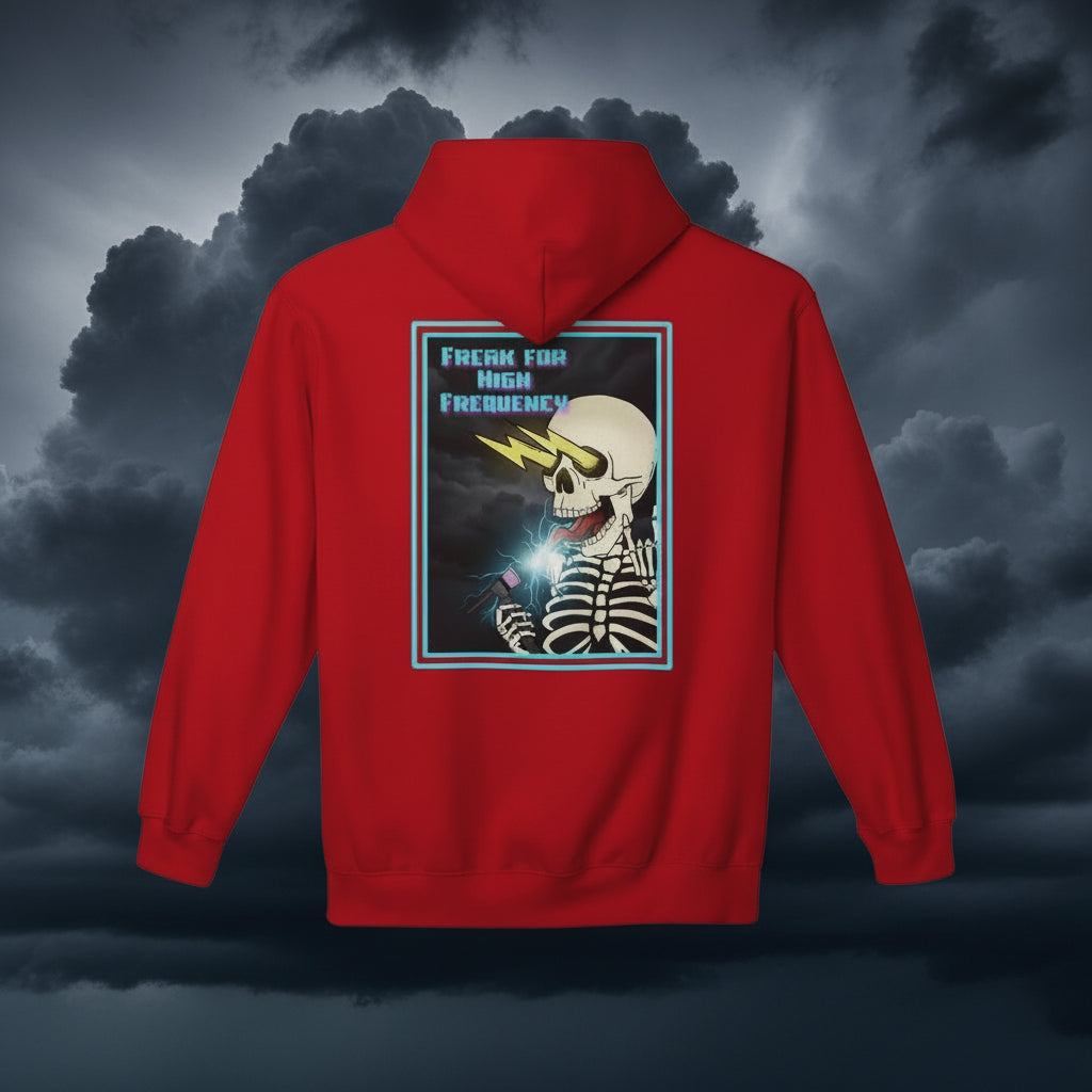 Red hoodie with a skeleton design and text on the back against a white background